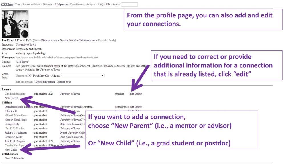 If you want to add a connection click the New Parent or New Child link from an Info/profile page.